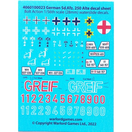 28mm WWII German SDKfz 250 alte decals sheet WARLORD
