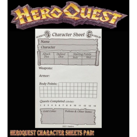 CHARACTER SHEET PADS 28mm RPG miniatures HEROQUEST